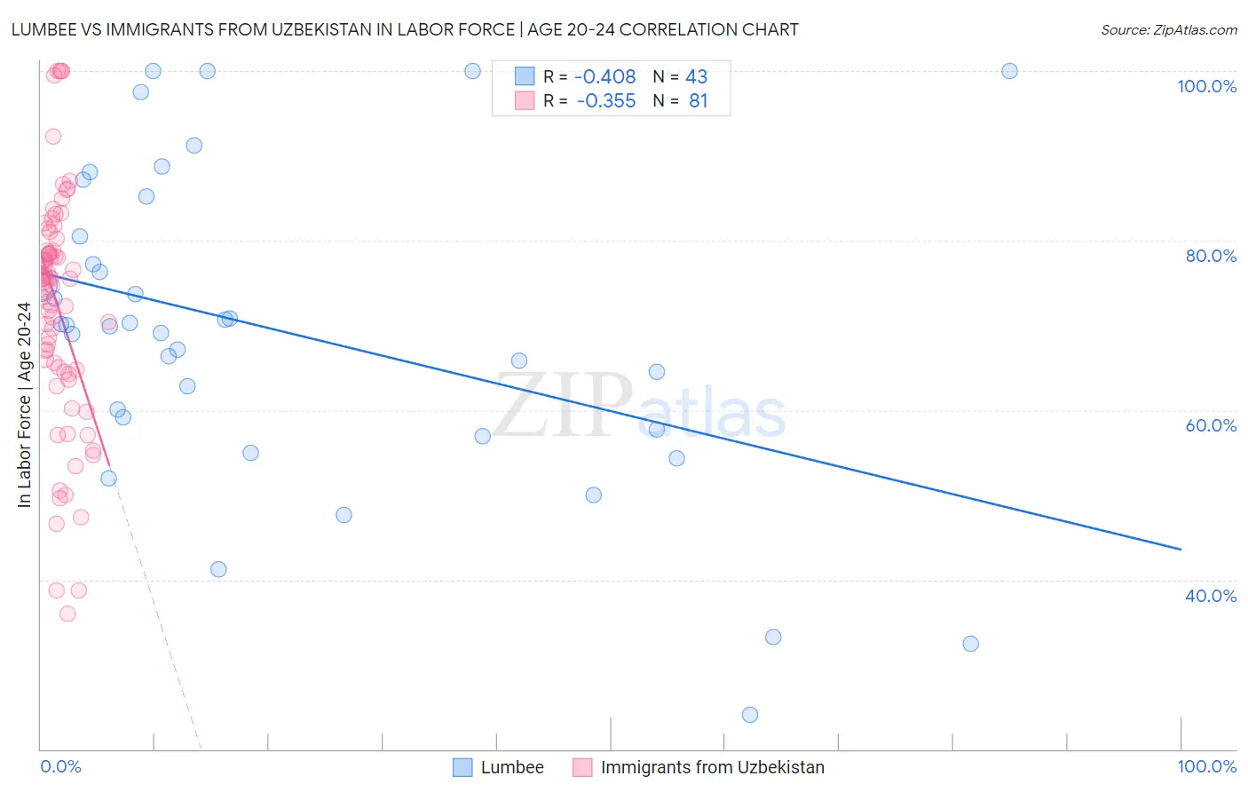 Lumbee vs Immigrants from Uzbekistan In Labor Force | Age 20-24