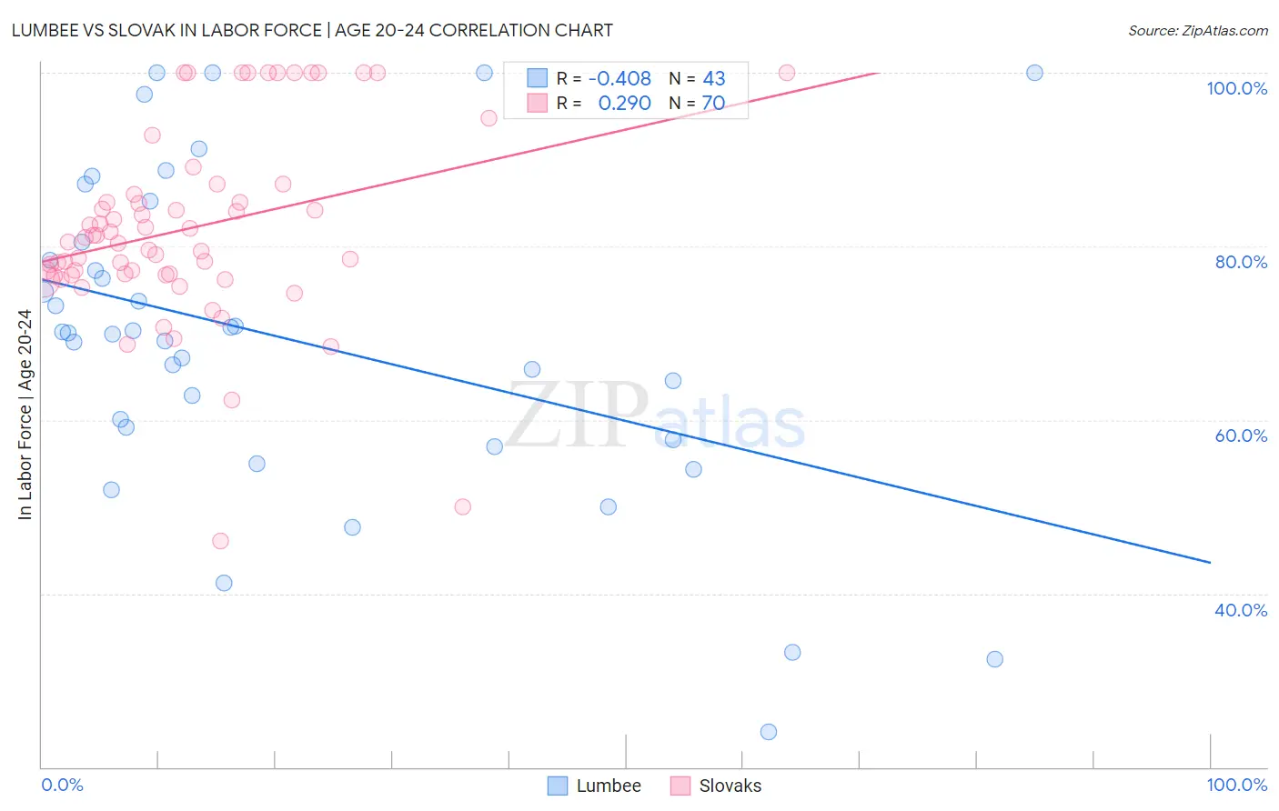 Lumbee vs Slovak In Labor Force | Age 20-24