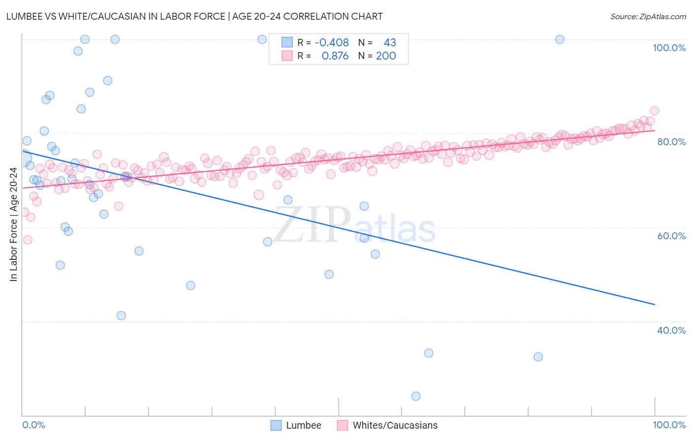 Lumbee vs White/Caucasian In Labor Force | Age 20-24