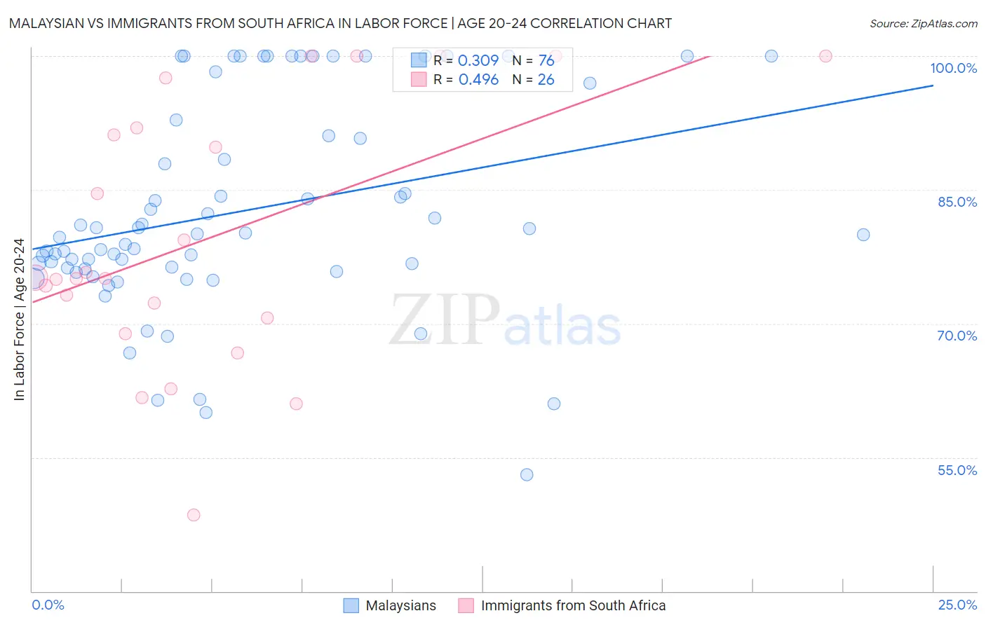 Malaysian vs Immigrants from South Africa In Labor Force | Age 20-24