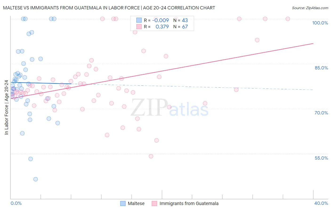 Maltese vs Immigrants from Guatemala In Labor Force | Age 20-24
