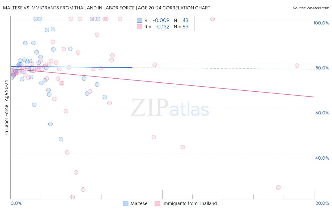Maltese vs Immigrants from Thailand In Labor Force | Age 20-24