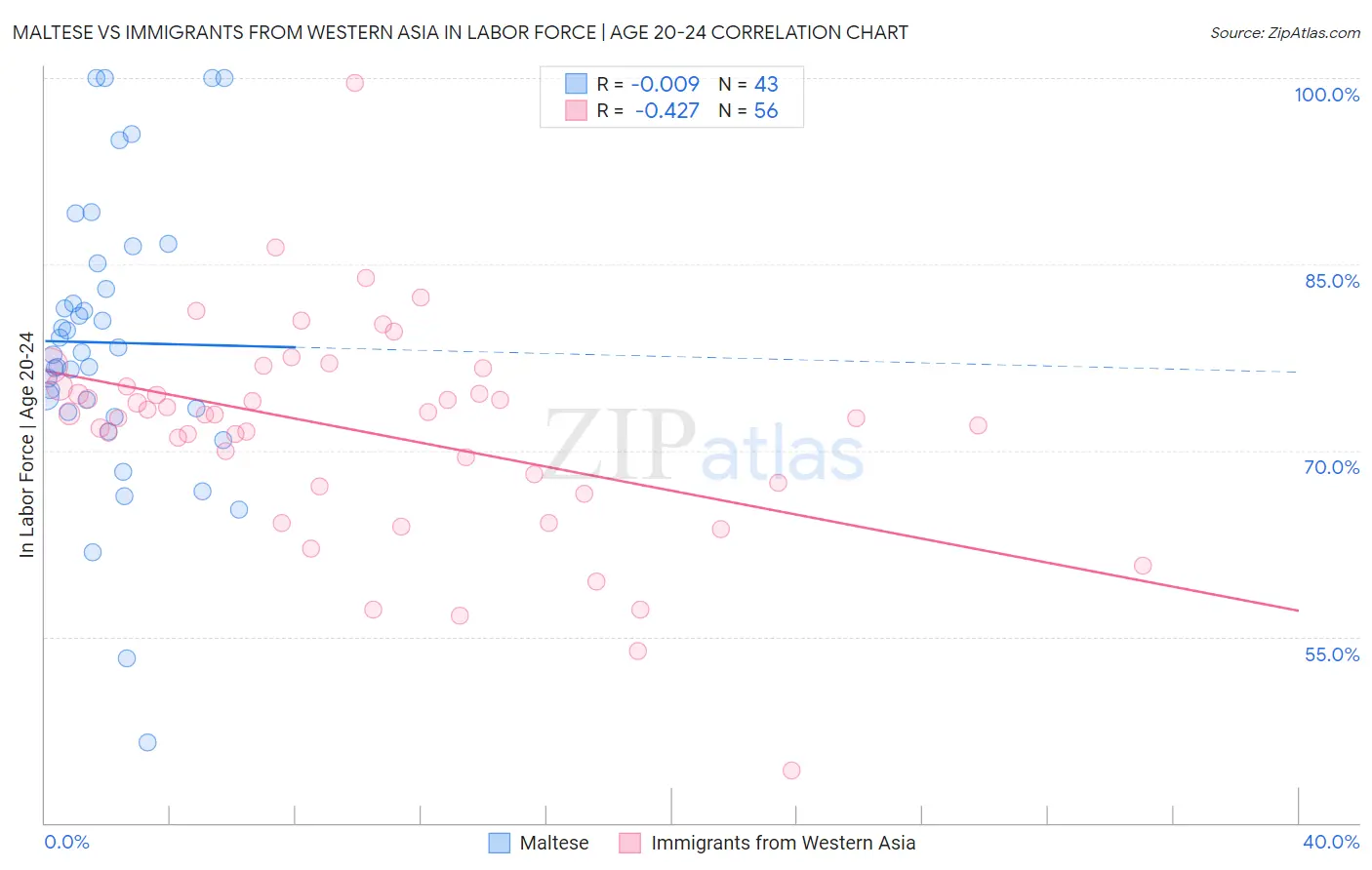 Maltese vs Immigrants from Western Asia In Labor Force | Age 20-24