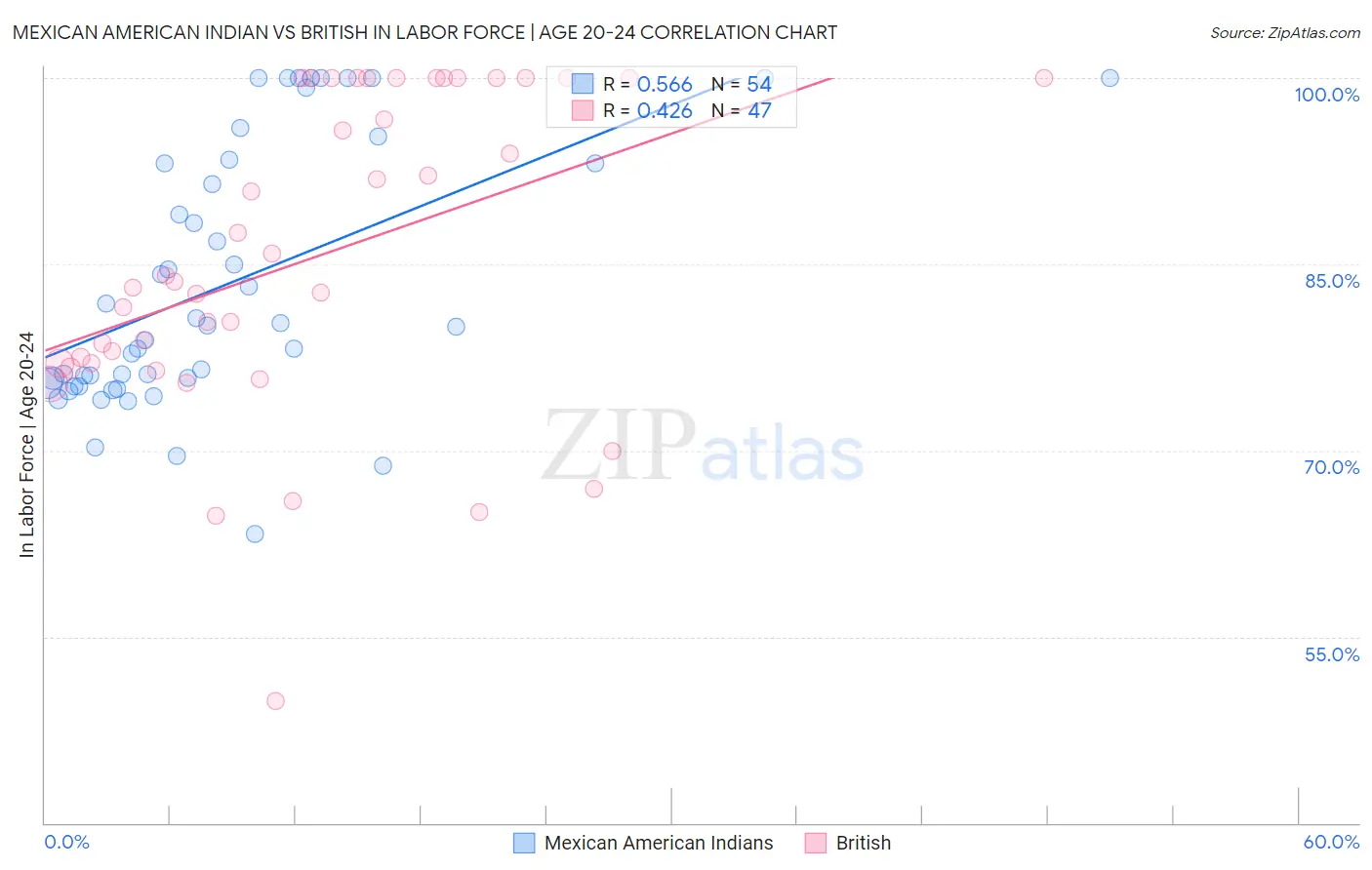Mexican American Indian vs British In Labor Force | Age 20-24