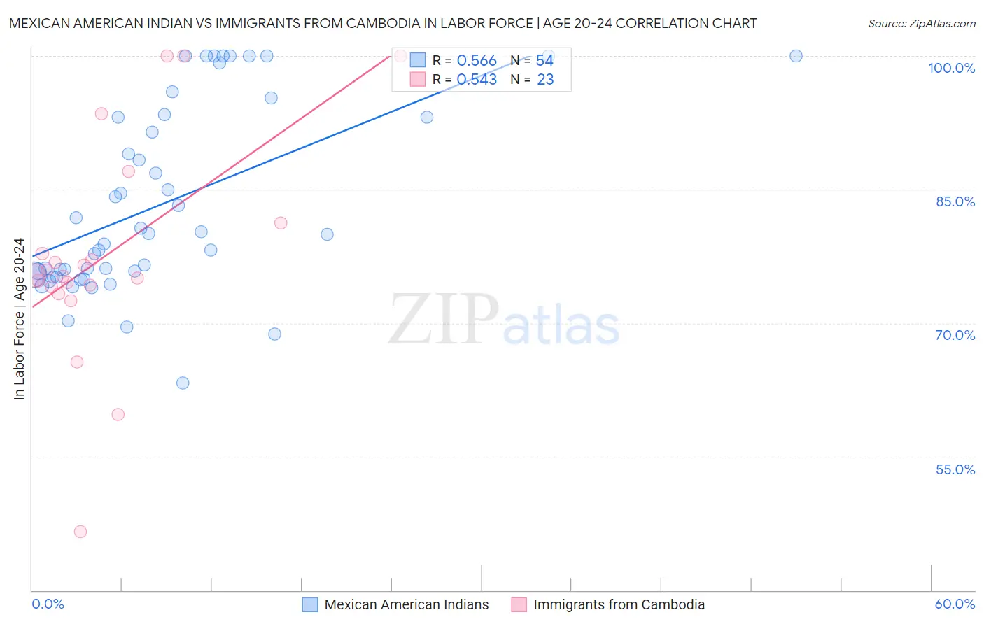 Mexican American Indian vs Immigrants from Cambodia In Labor Force | Age 20-24