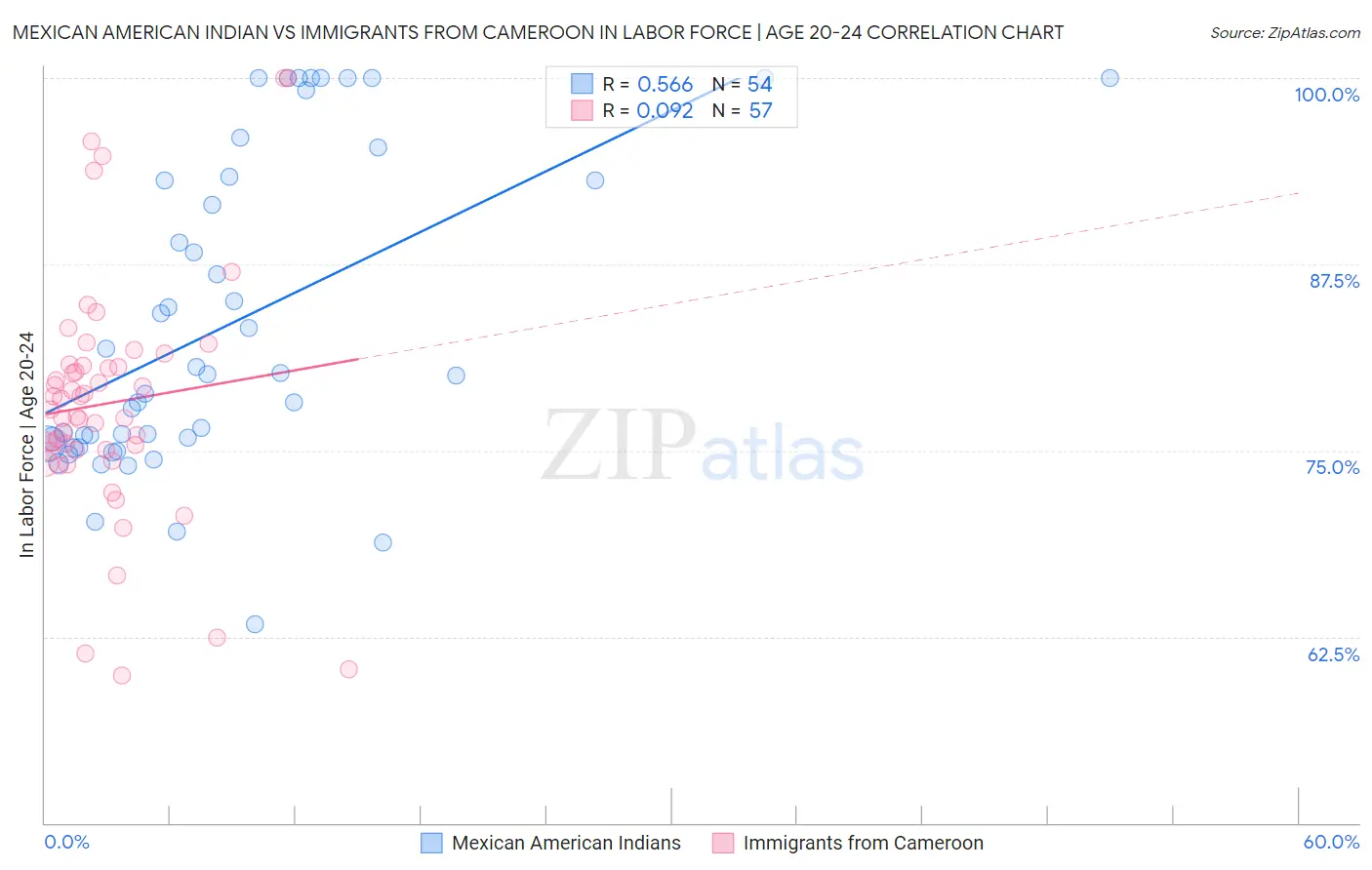 Mexican American Indian vs Immigrants from Cameroon In Labor Force | Age 20-24