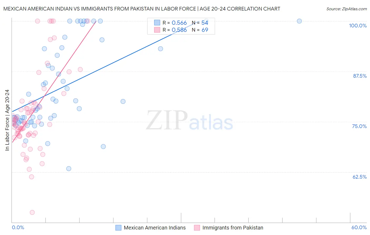 Mexican American Indian vs Immigrants from Pakistan In Labor Force | Age 20-24