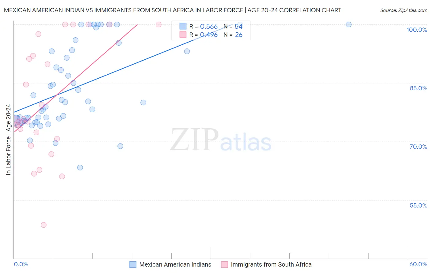 Mexican American Indian vs Immigrants from South Africa In Labor Force | Age 20-24