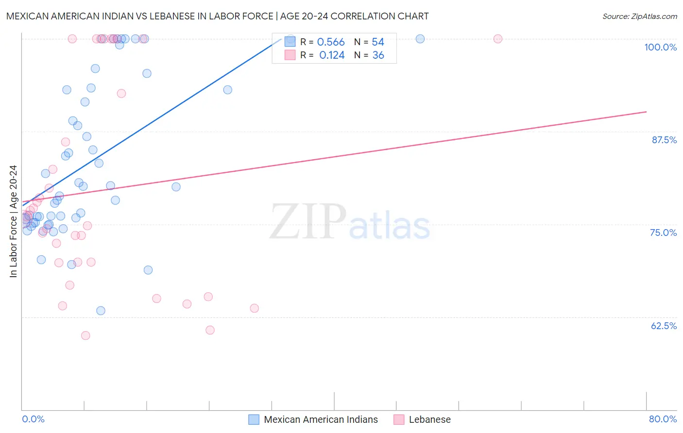 Mexican American Indian vs Lebanese In Labor Force | Age 20-24