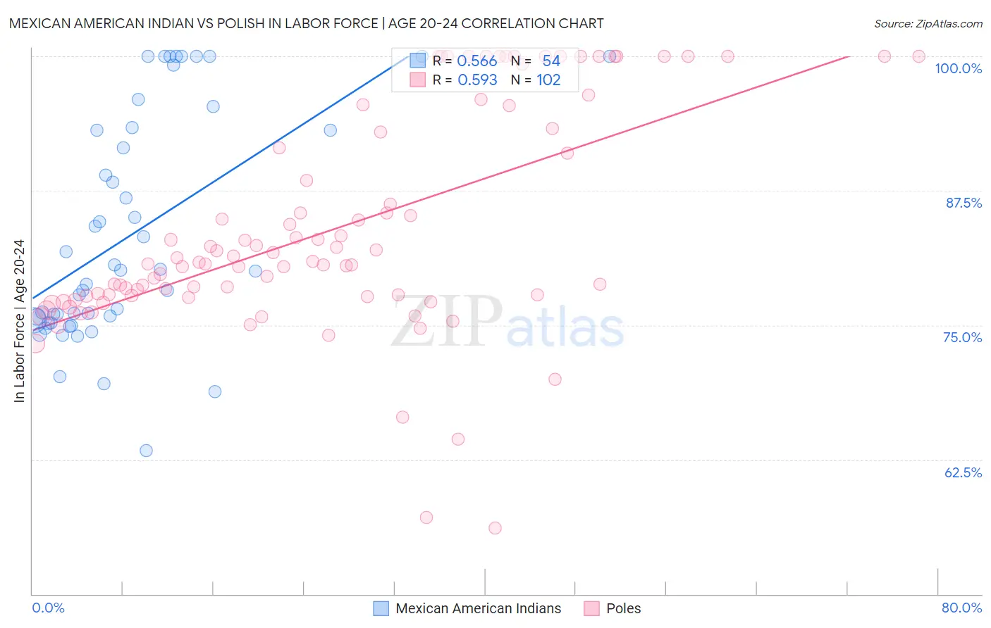 Mexican American Indian vs Polish In Labor Force | Age 20-24