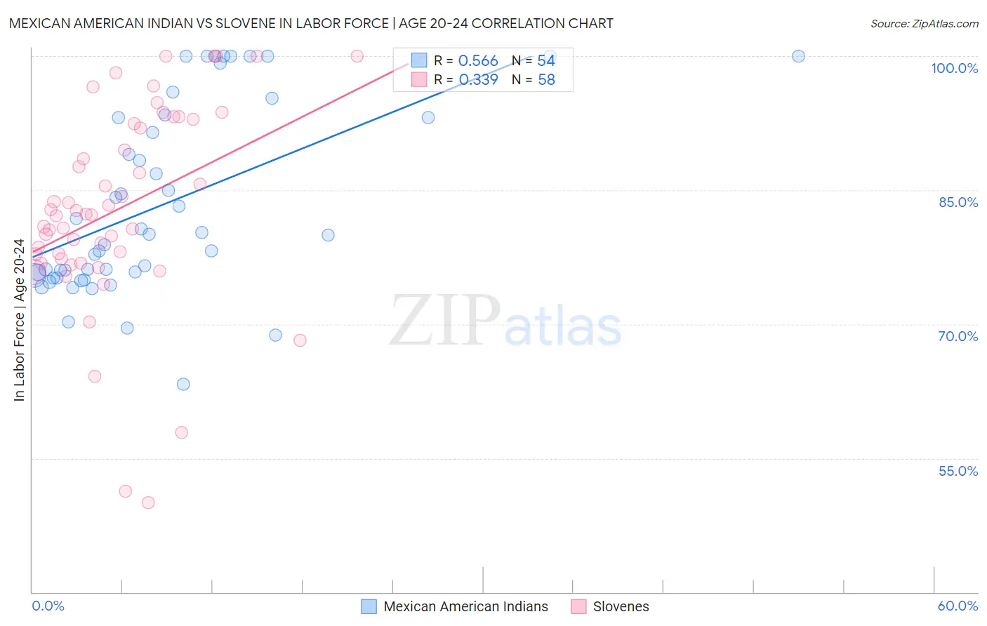 Mexican American Indian vs Slovene In Labor Force | Age 20-24