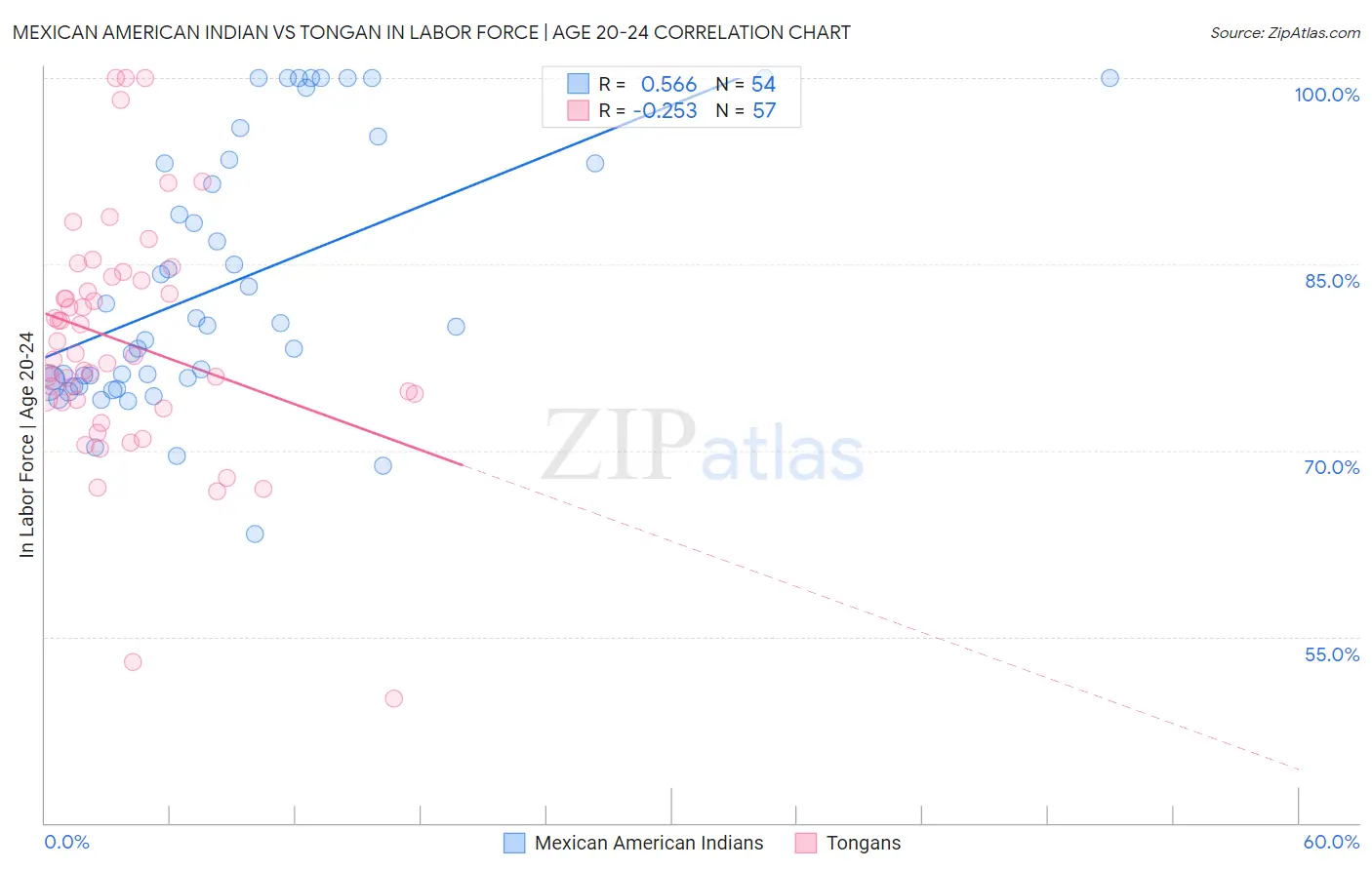 Mexican American Indian vs Tongan In Labor Force | Age 20-24