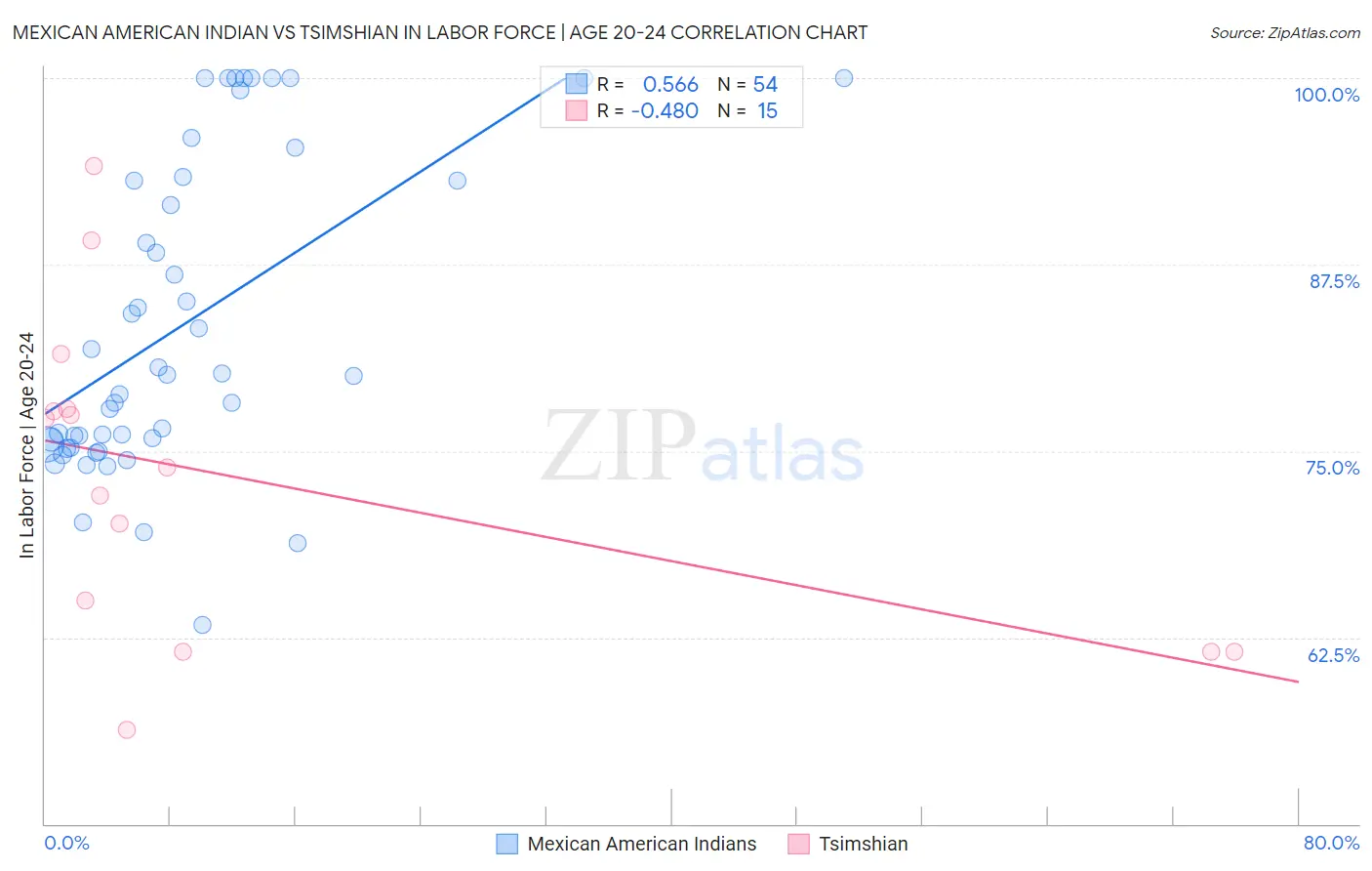 Mexican American Indian vs Tsimshian In Labor Force | Age 20-24