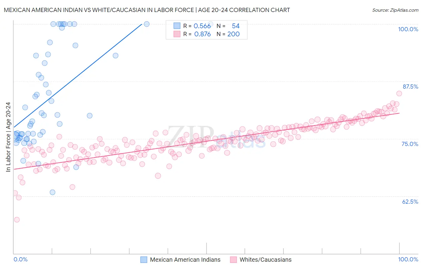 Mexican American Indian vs White/Caucasian In Labor Force | Age 20-24