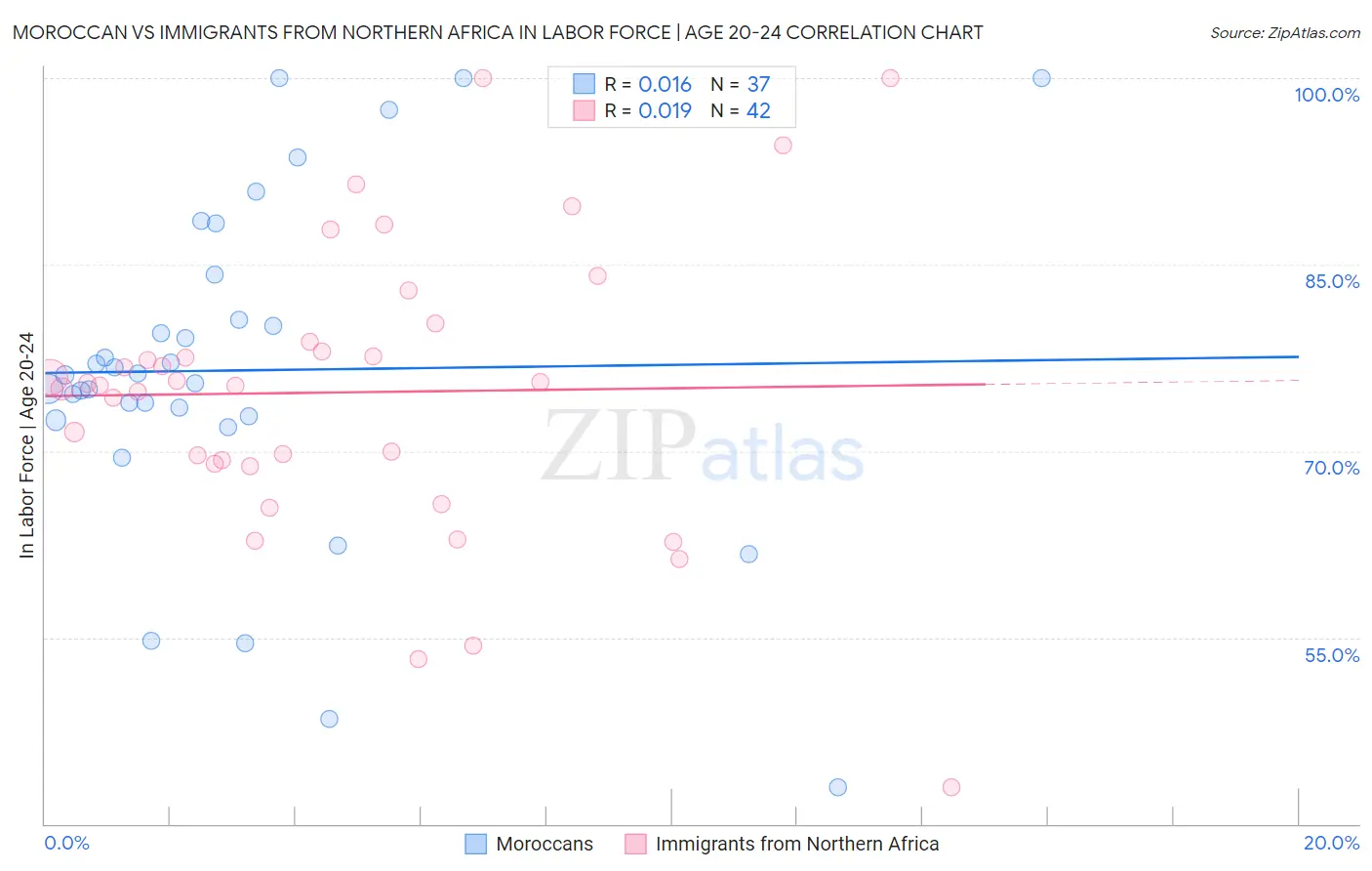 Moroccan vs Immigrants from Northern Africa In Labor Force | Age 20-24
