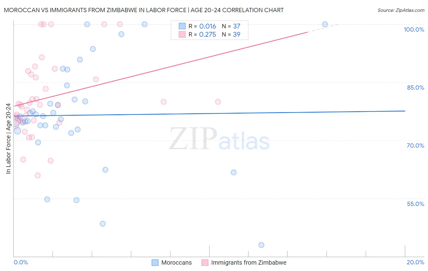 Moroccan vs Immigrants from Zimbabwe In Labor Force | Age 20-24