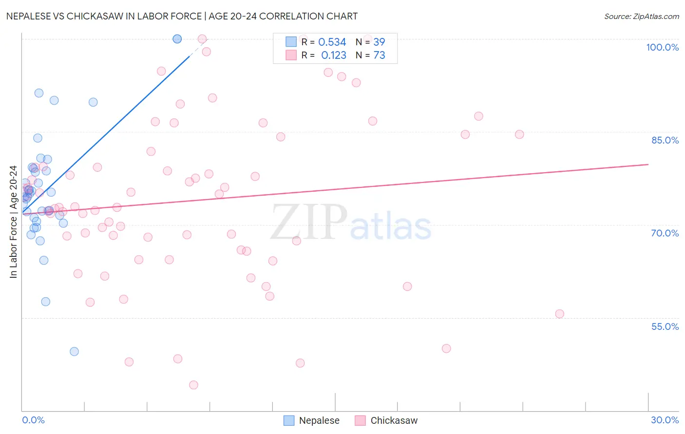 Nepalese vs Chickasaw In Labor Force | Age 20-24