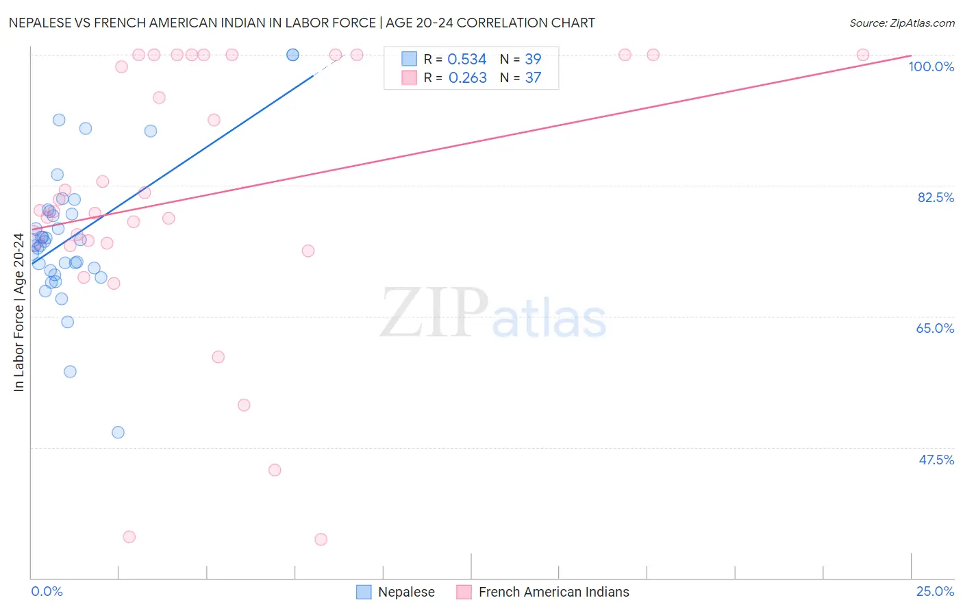 Nepalese vs French American Indian In Labor Force | Age 20-24