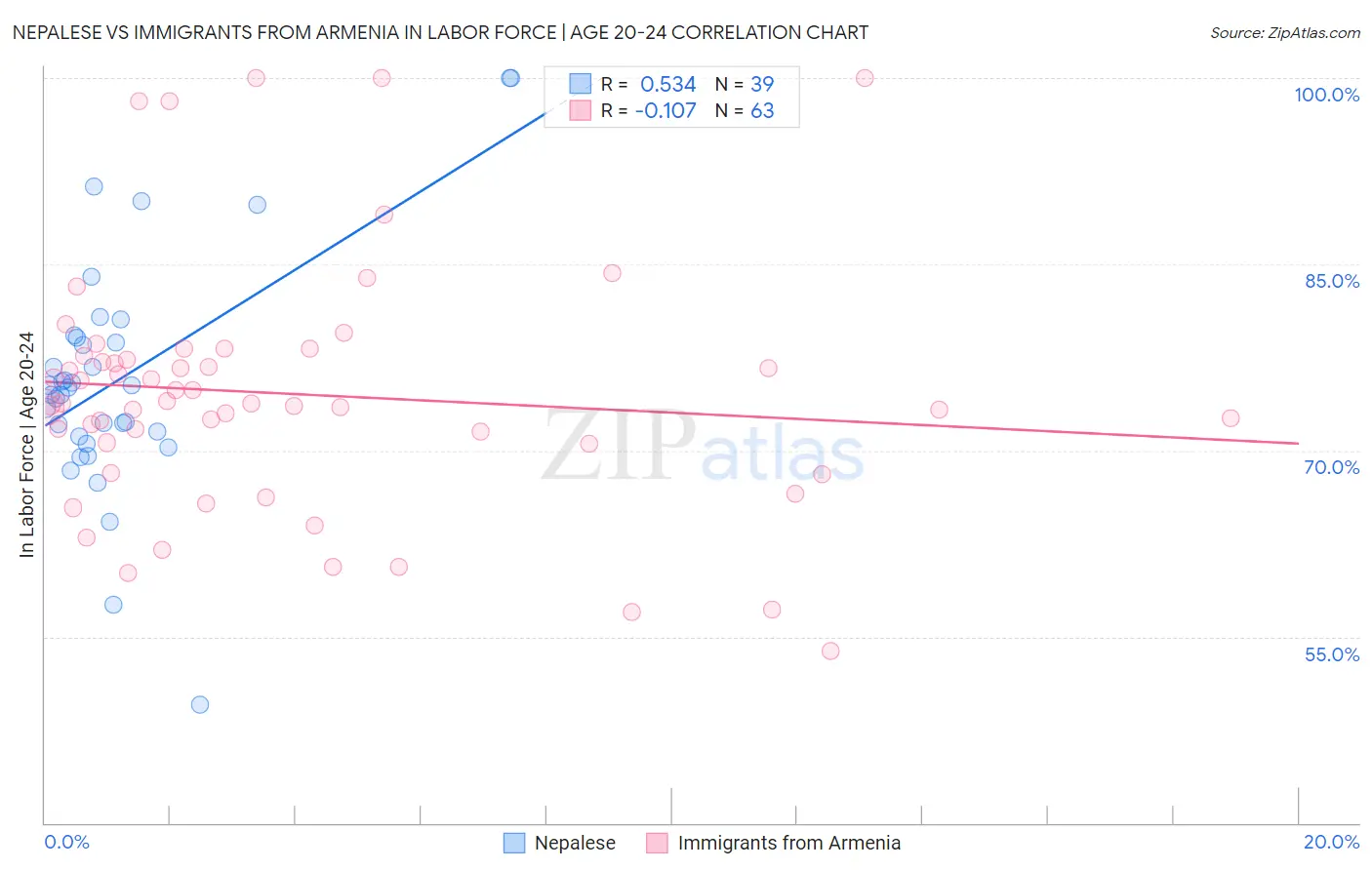 Nepalese vs Immigrants from Armenia In Labor Force | Age 20-24