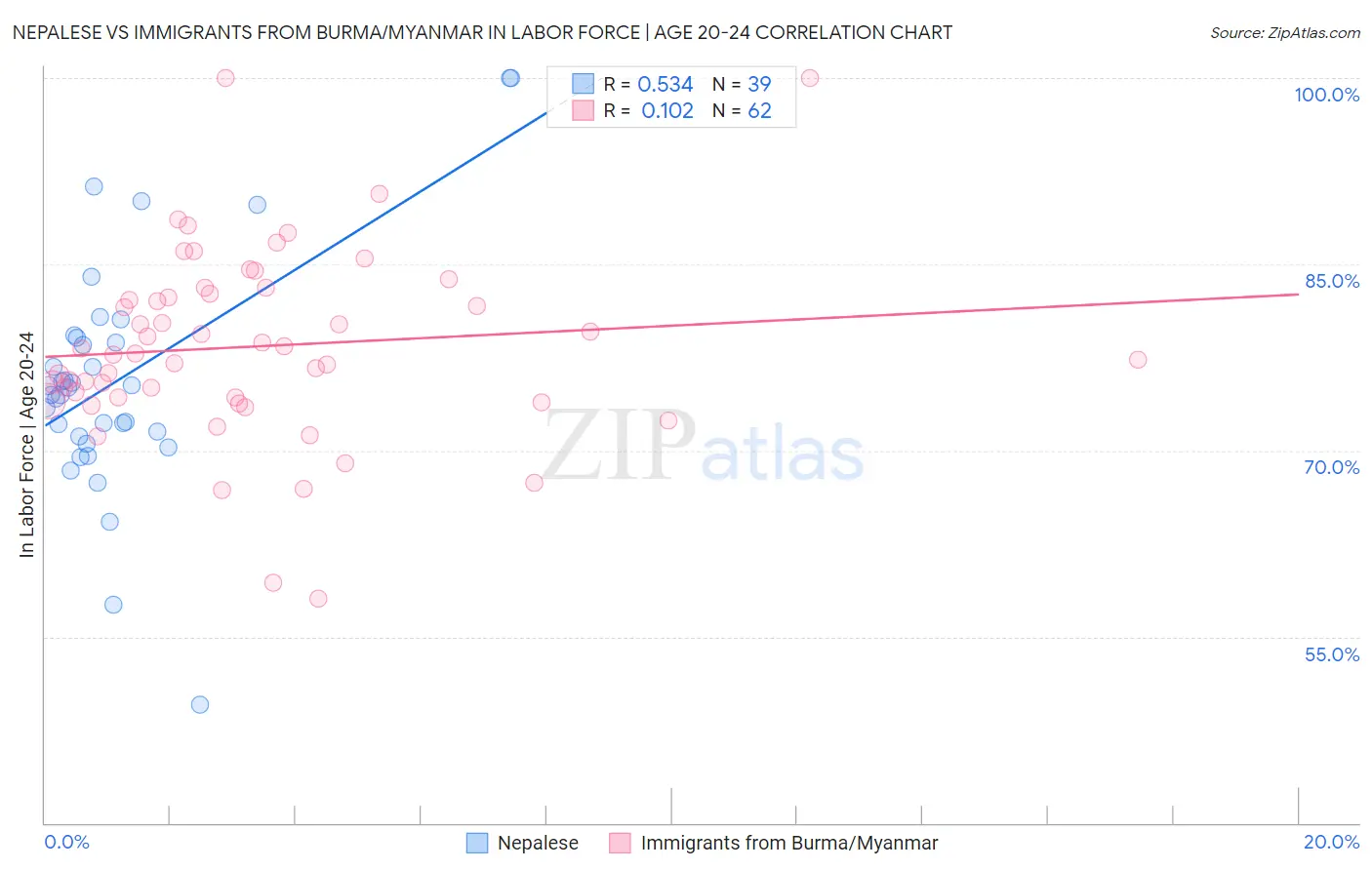 Nepalese vs Immigrants from Burma/Myanmar In Labor Force | Age 20-24