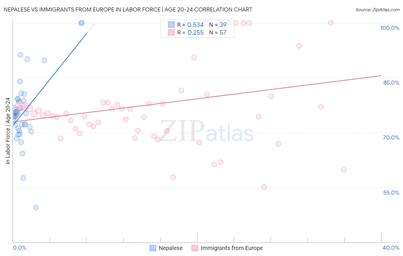 Nepalese vs Immigrants from Europe In Labor Force | Age 20-24