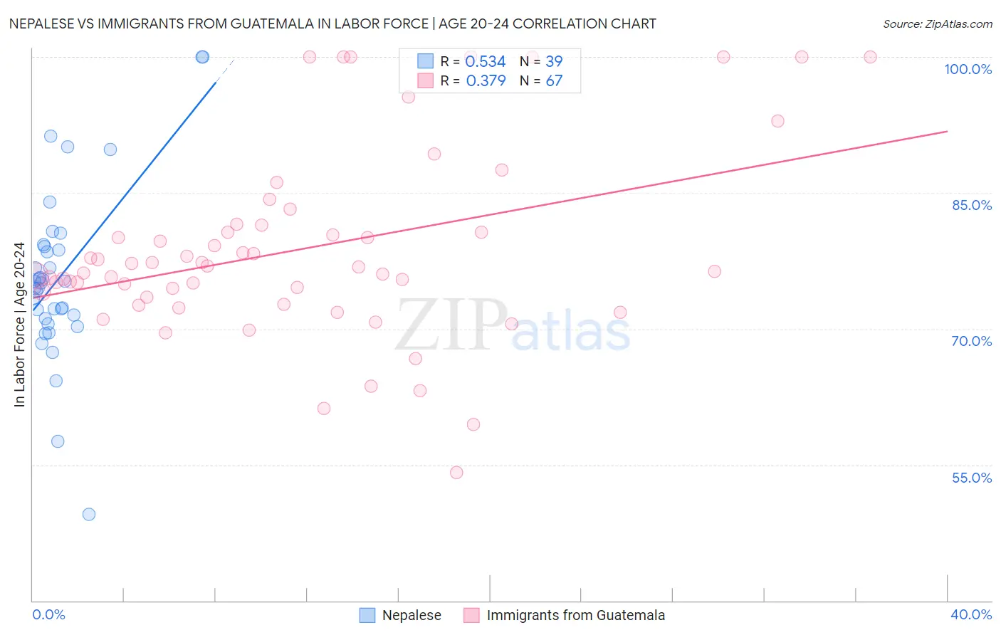 Nepalese vs Immigrants from Guatemala In Labor Force | Age 20-24