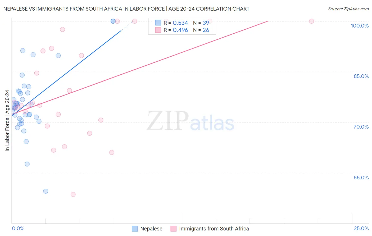 Nepalese vs Immigrants from South Africa In Labor Force | Age 20-24