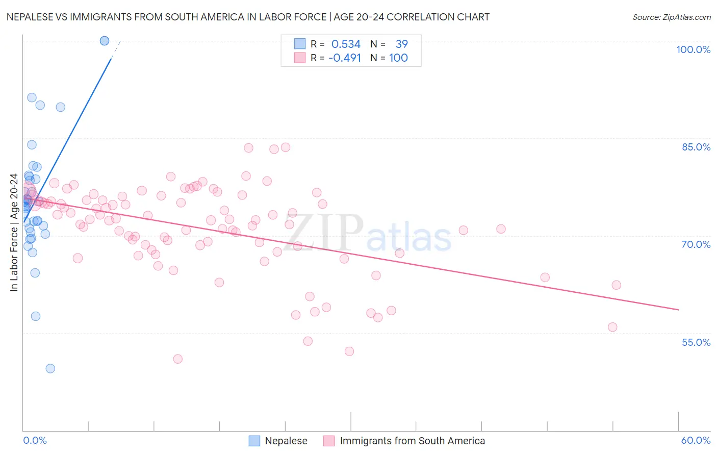 Nepalese vs Immigrants from South America In Labor Force | Age 20-24
