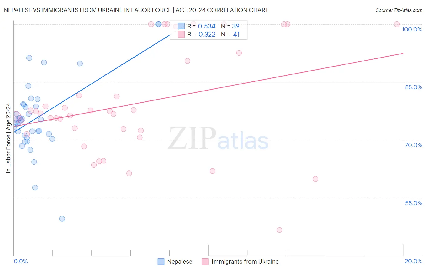 Nepalese vs Immigrants from Ukraine In Labor Force | Age 20-24
