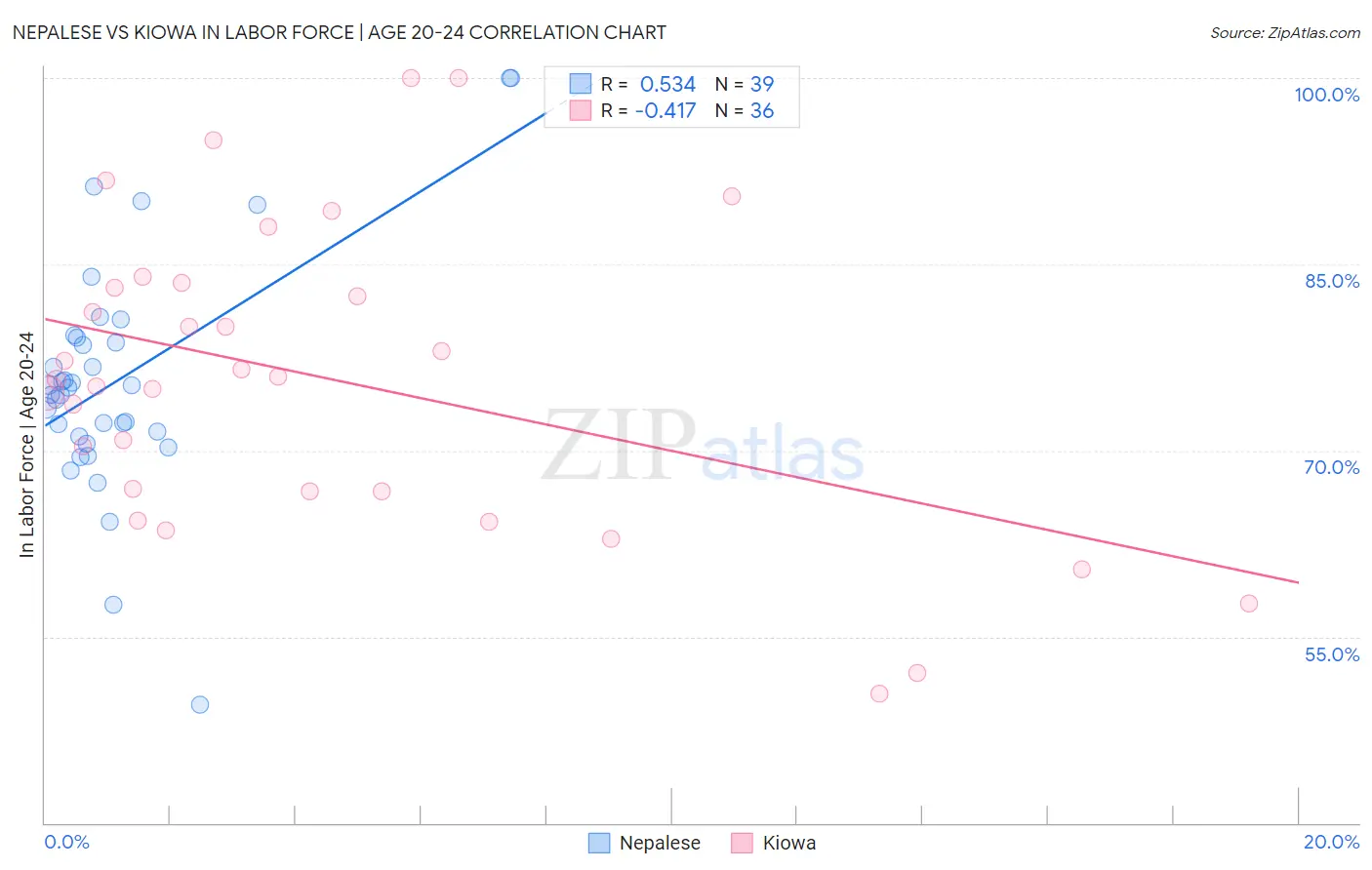 Nepalese vs Kiowa In Labor Force | Age 20-24