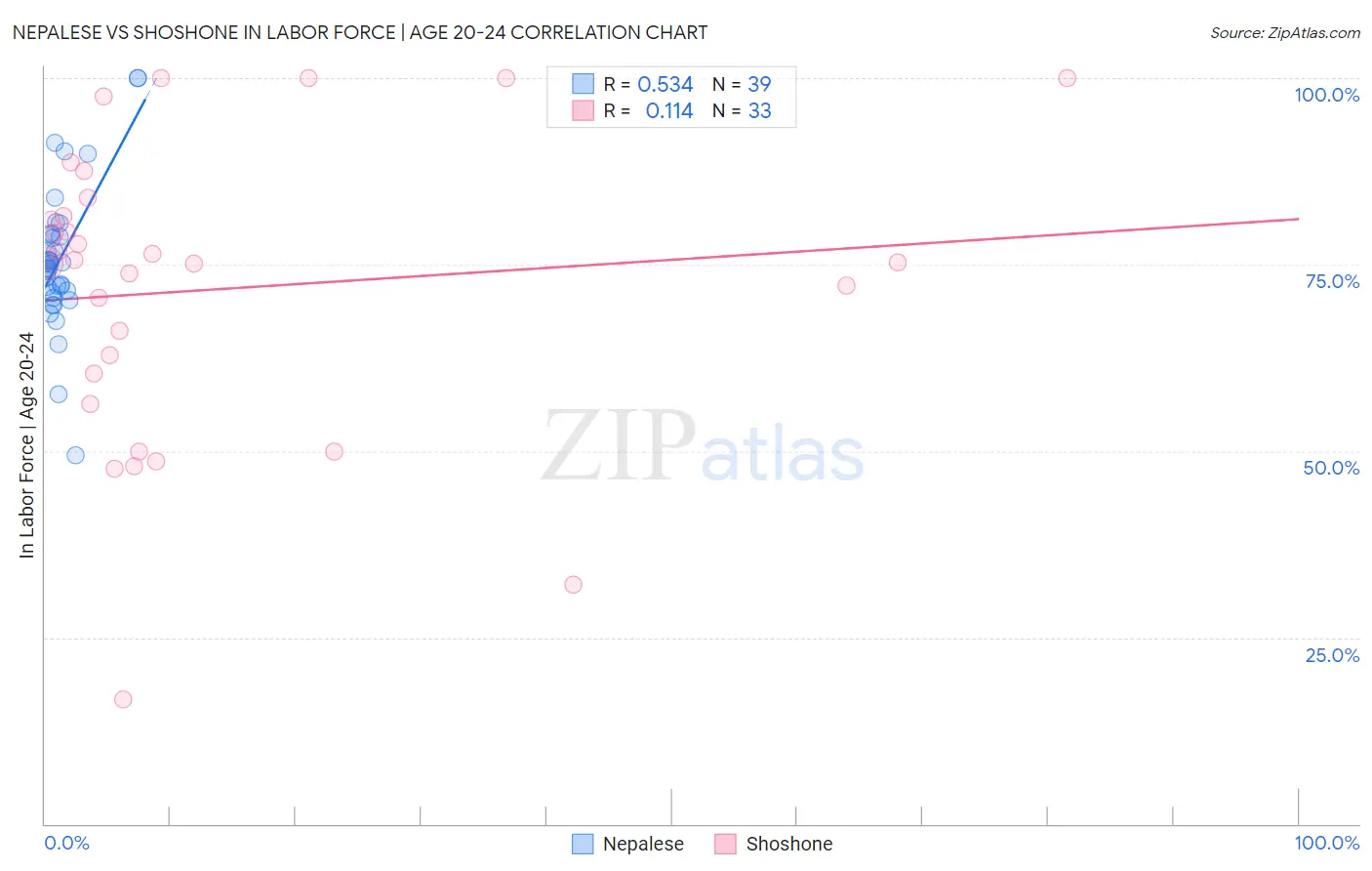 Nepalese vs Shoshone In Labor Force | Age 20-24