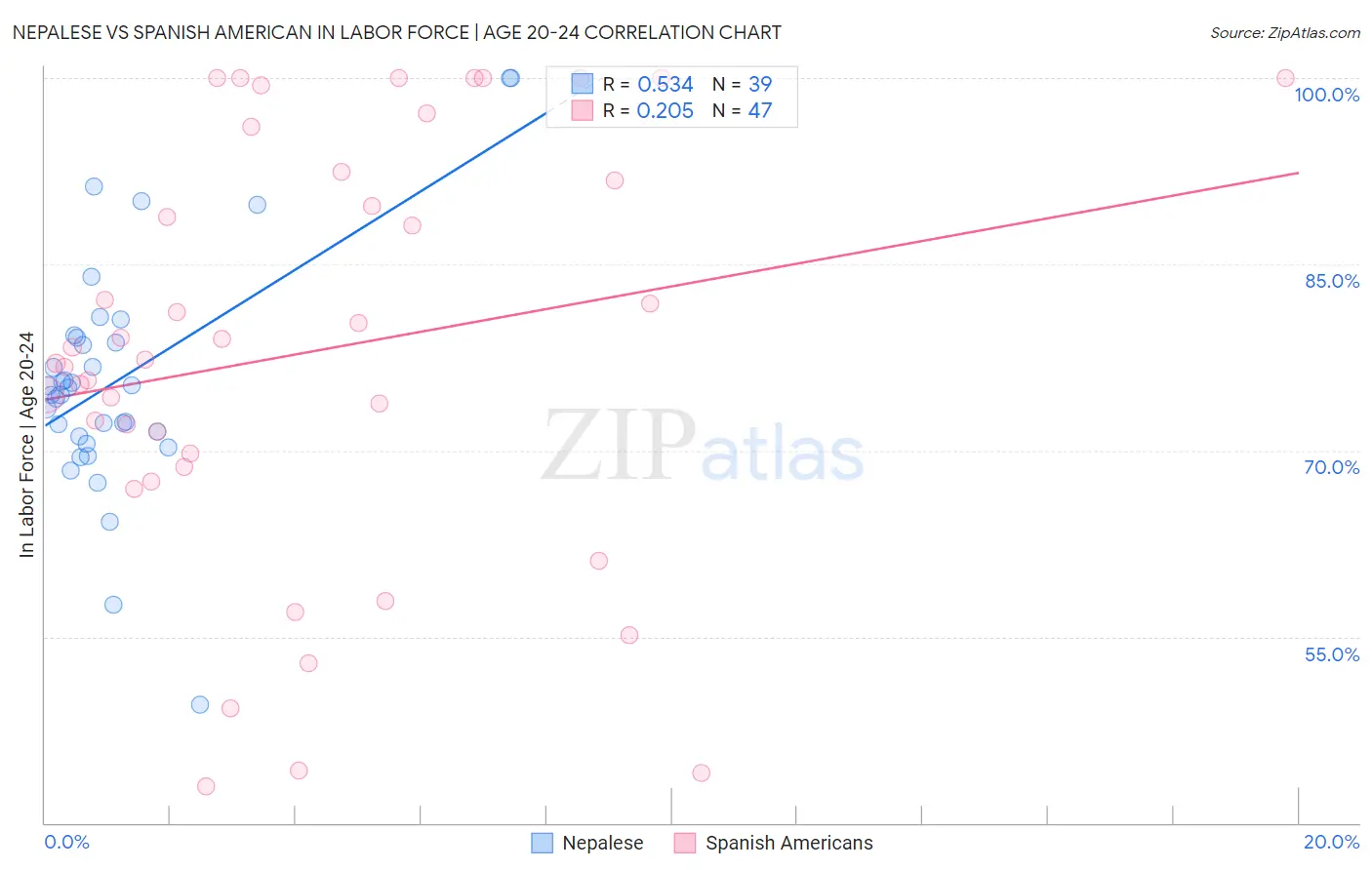 Nepalese vs Spanish American In Labor Force | Age 20-24