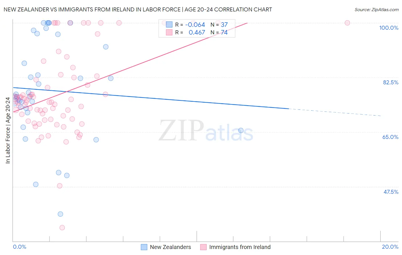 New Zealander vs Immigrants from Ireland In Labor Force | Age 20-24