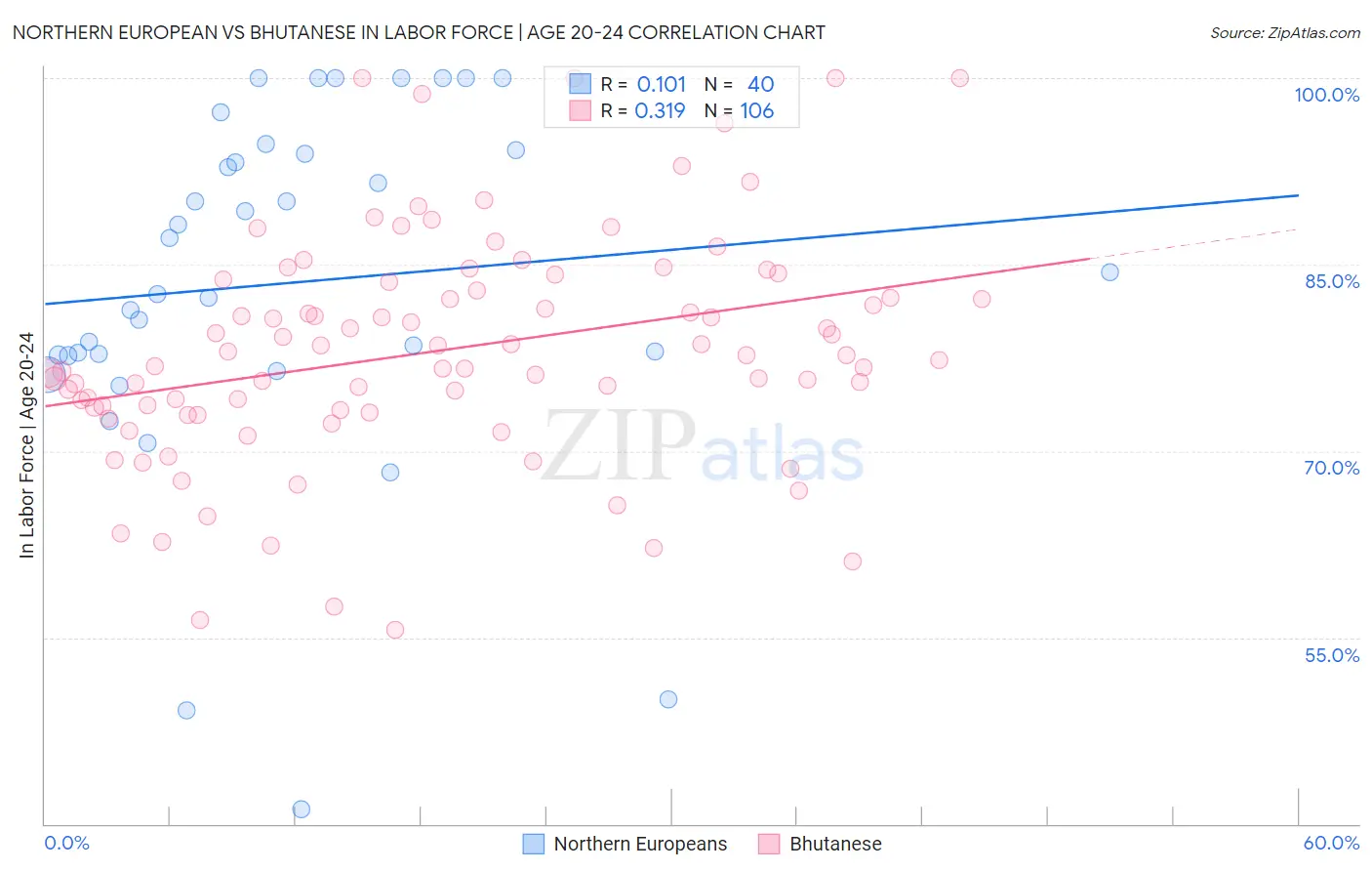 Northern European vs Bhutanese In Labor Force | Age 20-24