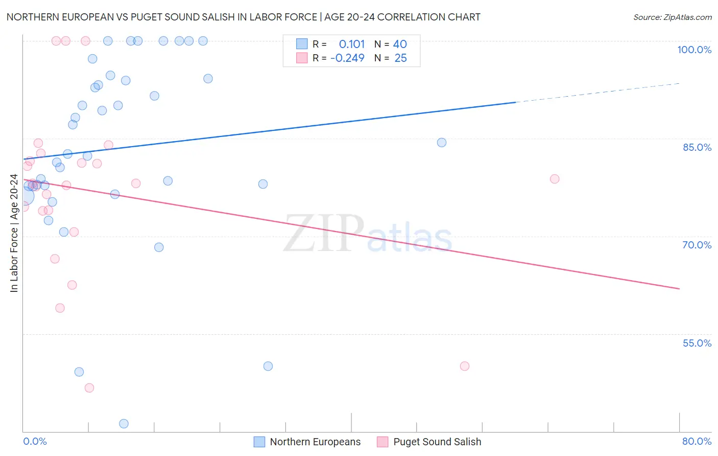 Northern European vs Puget Sound Salish In Labor Force | Age 20-24