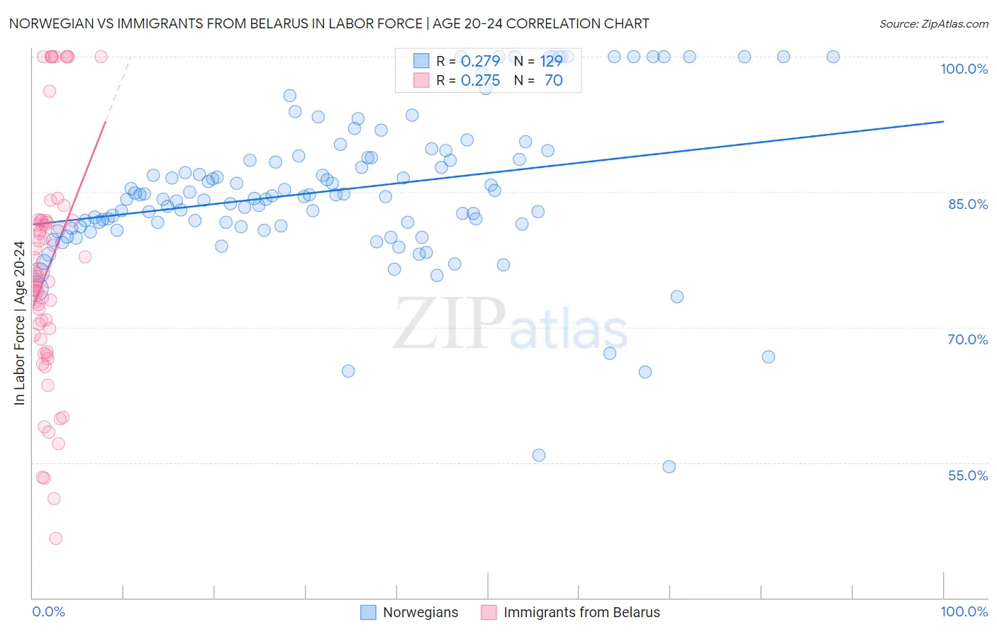 Norwegian vs Immigrants from Belarus In Labor Force | Age 20-24