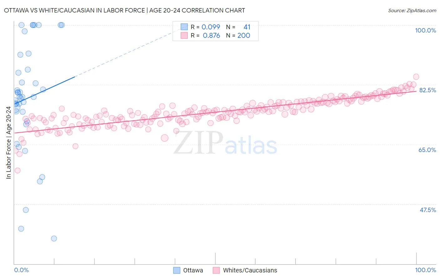 Ottawa vs White/Caucasian In Labor Force | Age 20-24