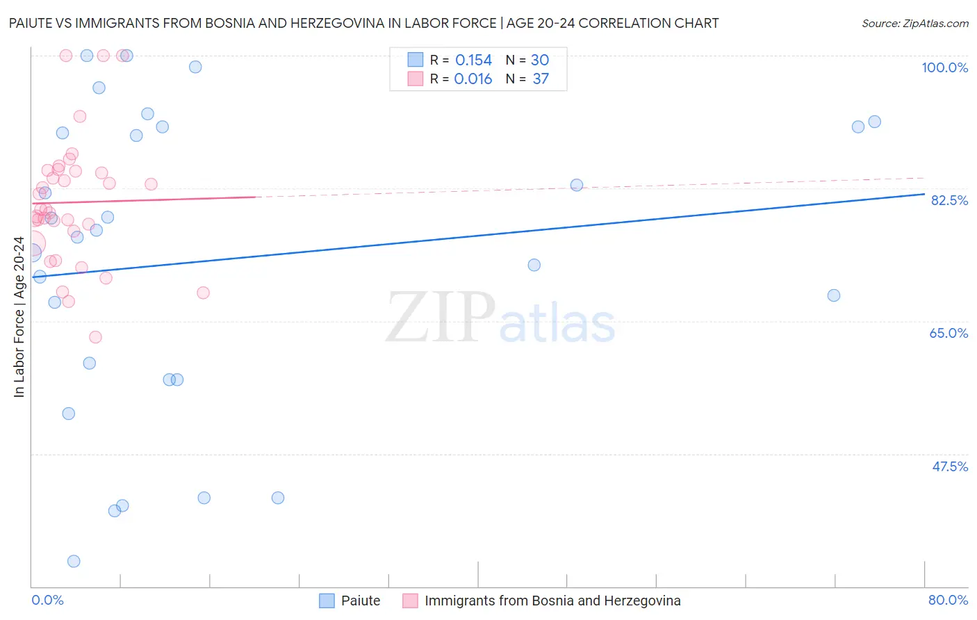 Paiute vs Immigrants from Bosnia and Herzegovina In Labor Force | Age 20-24