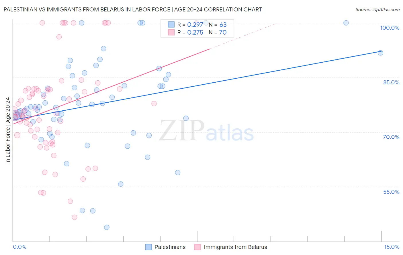 Palestinian vs Immigrants from Belarus In Labor Force | Age 20-24