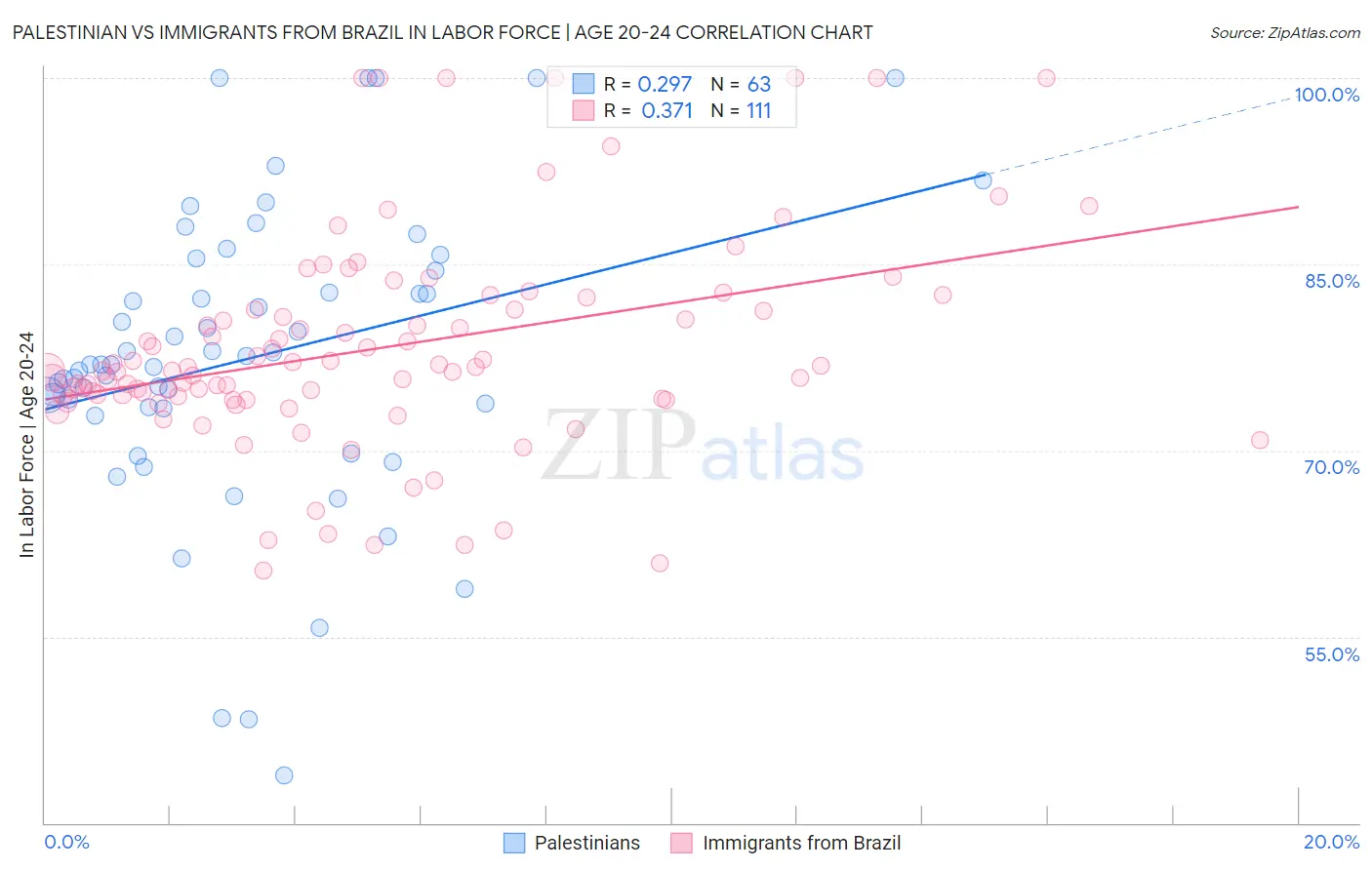 Palestinian vs Immigrants from Brazil In Labor Force | Age 20-24