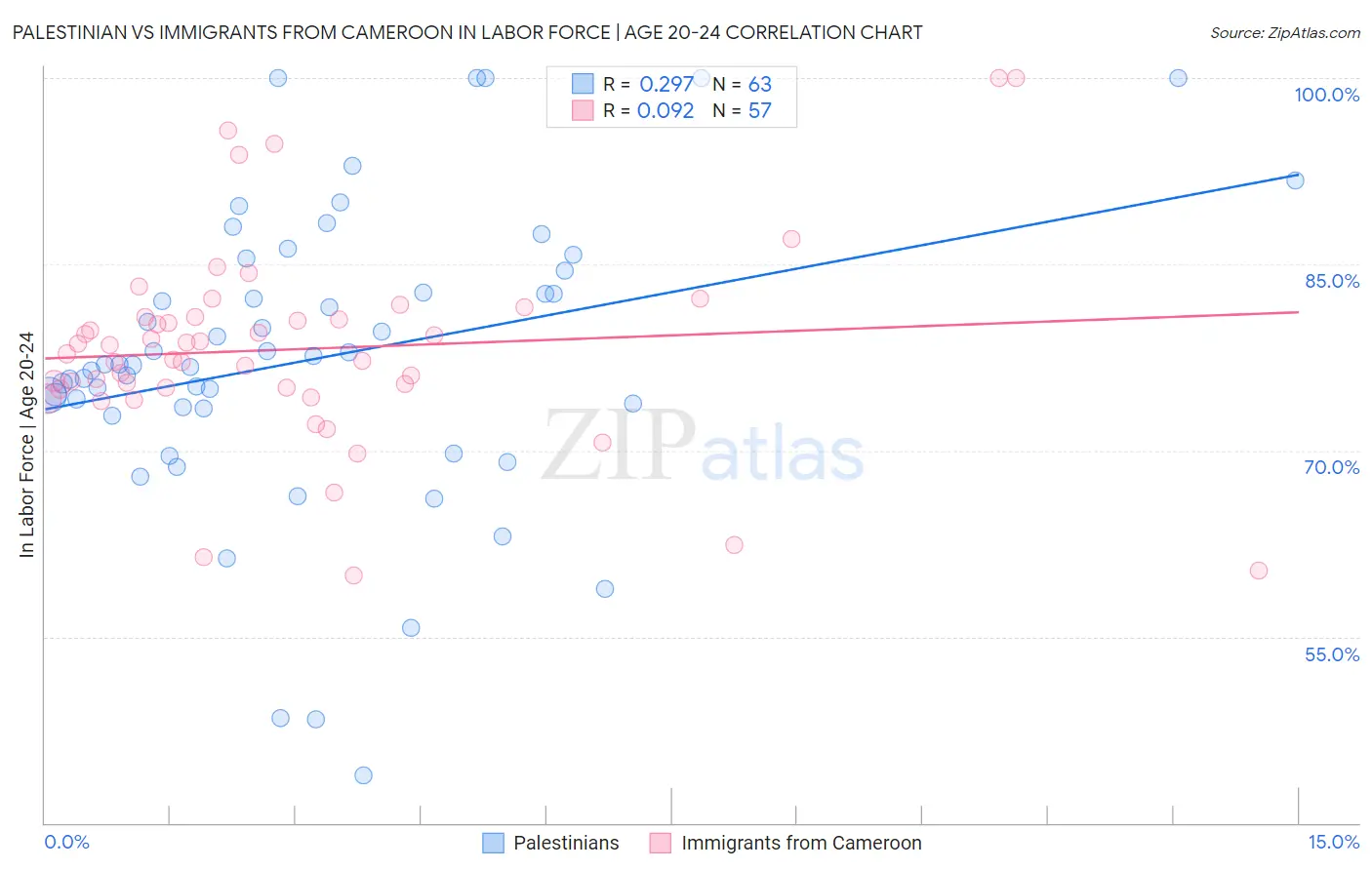 Palestinian vs Immigrants from Cameroon In Labor Force | Age 20-24