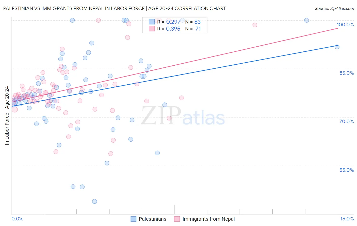 Palestinian vs Immigrants from Nepal In Labor Force | Age 20-24