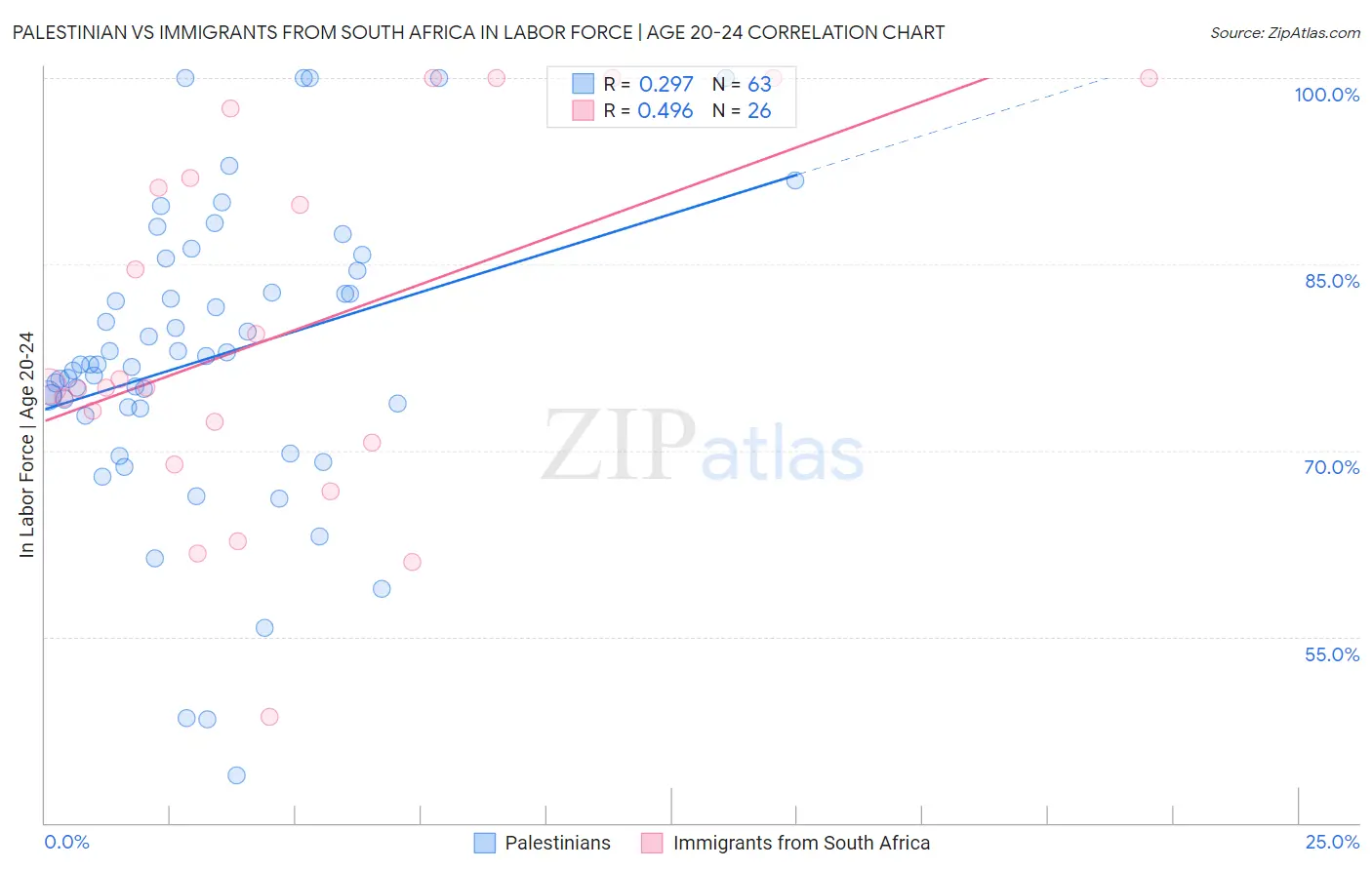 Palestinian vs Immigrants from South Africa In Labor Force | Age 20-24