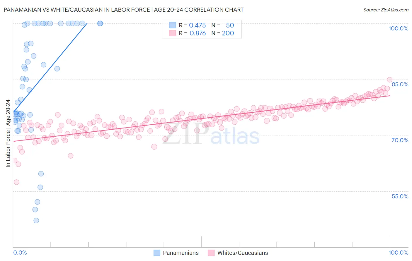 Panamanian vs White/Caucasian In Labor Force | Age 20-24