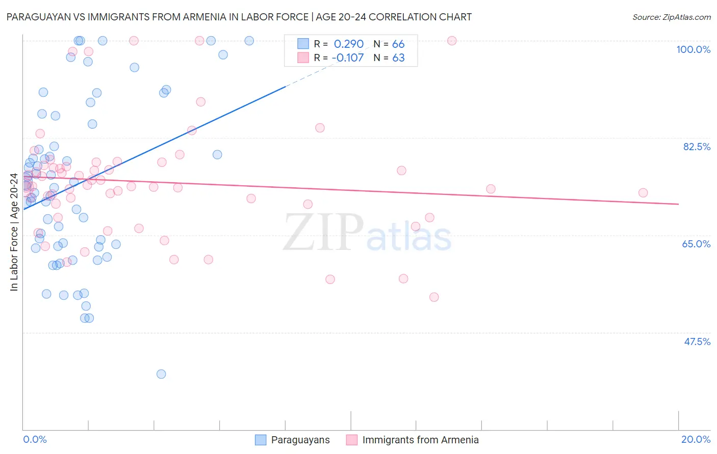 Paraguayan vs Immigrants from Armenia In Labor Force | Age 20-24