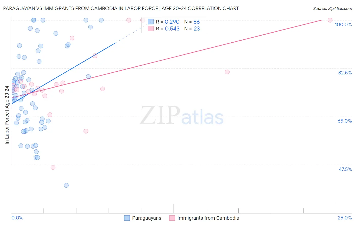 Paraguayan vs Immigrants from Cambodia In Labor Force | Age 20-24