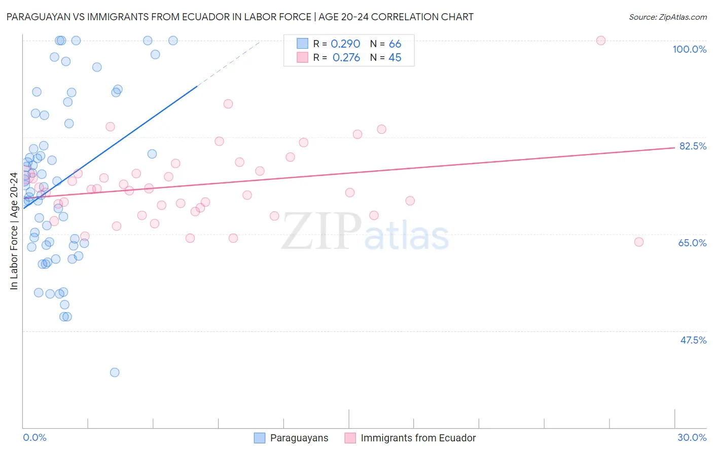 Paraguayan vs Immigrants from Ecuador In Labor Force | Age 20-24