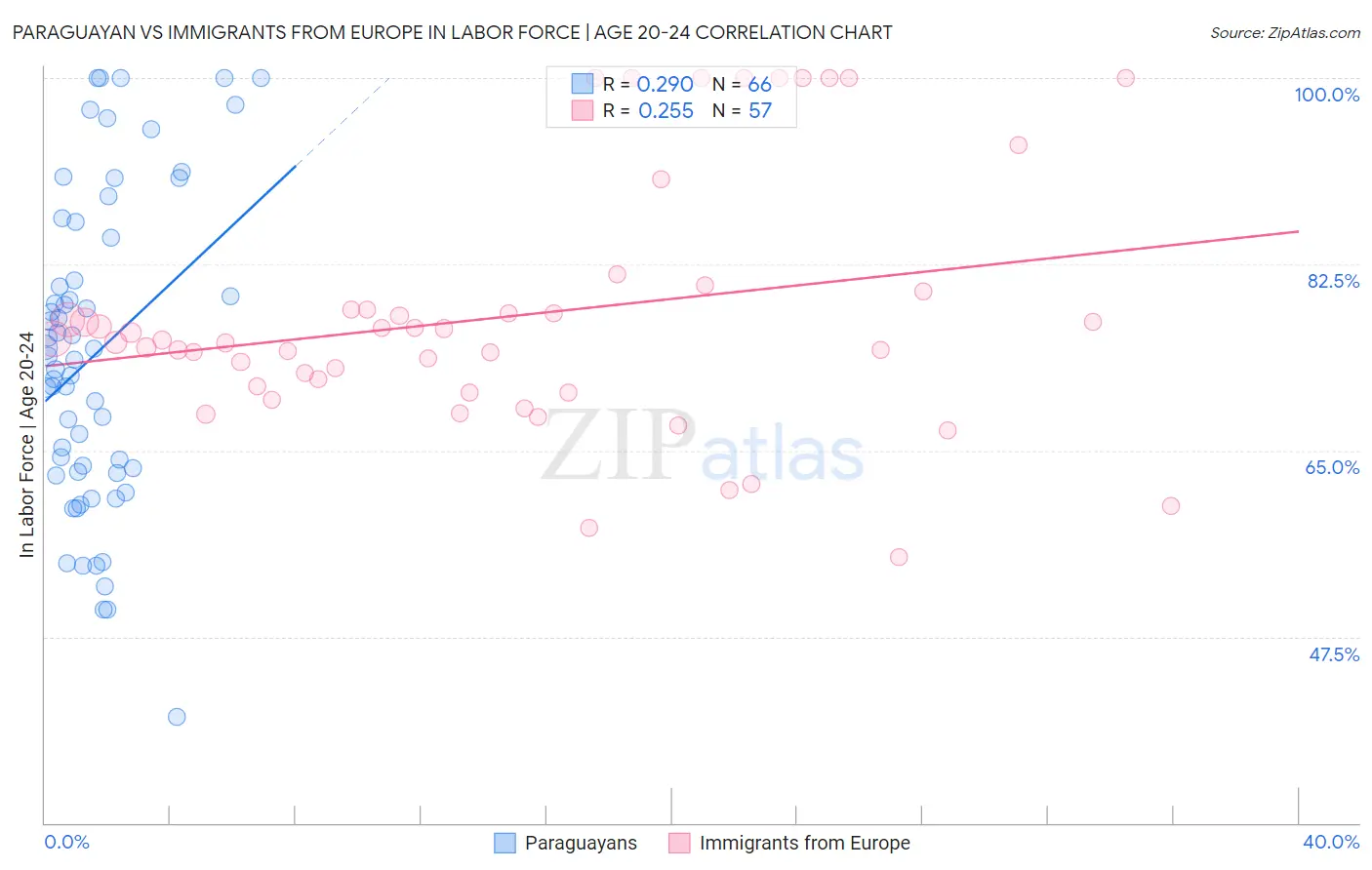 Paraguayan vs Immigrants from Europe In Labor Force | Age 20-24