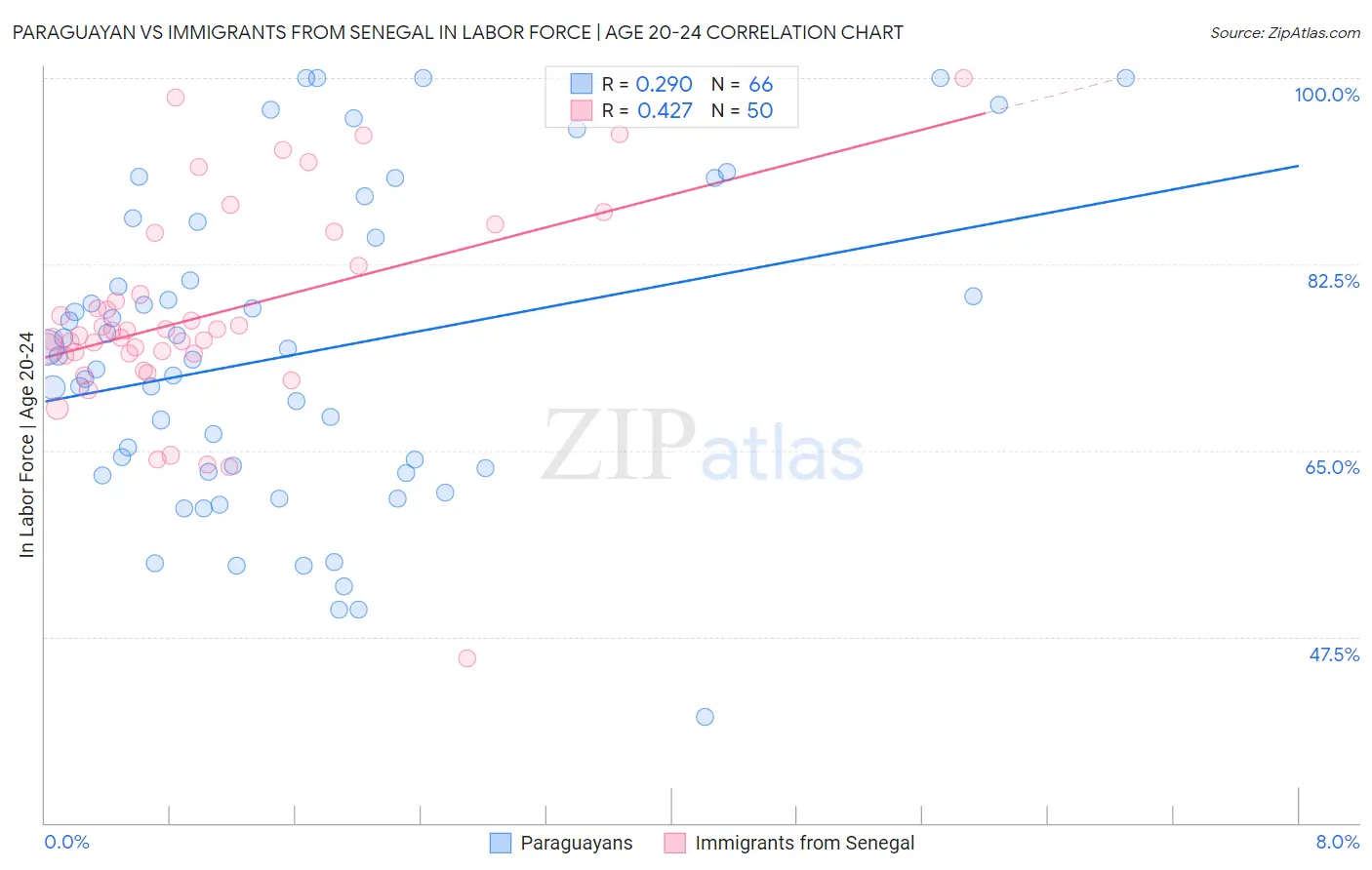 Paraguayan vs Immigrants from Senegal In Labor Force | Age 20-24