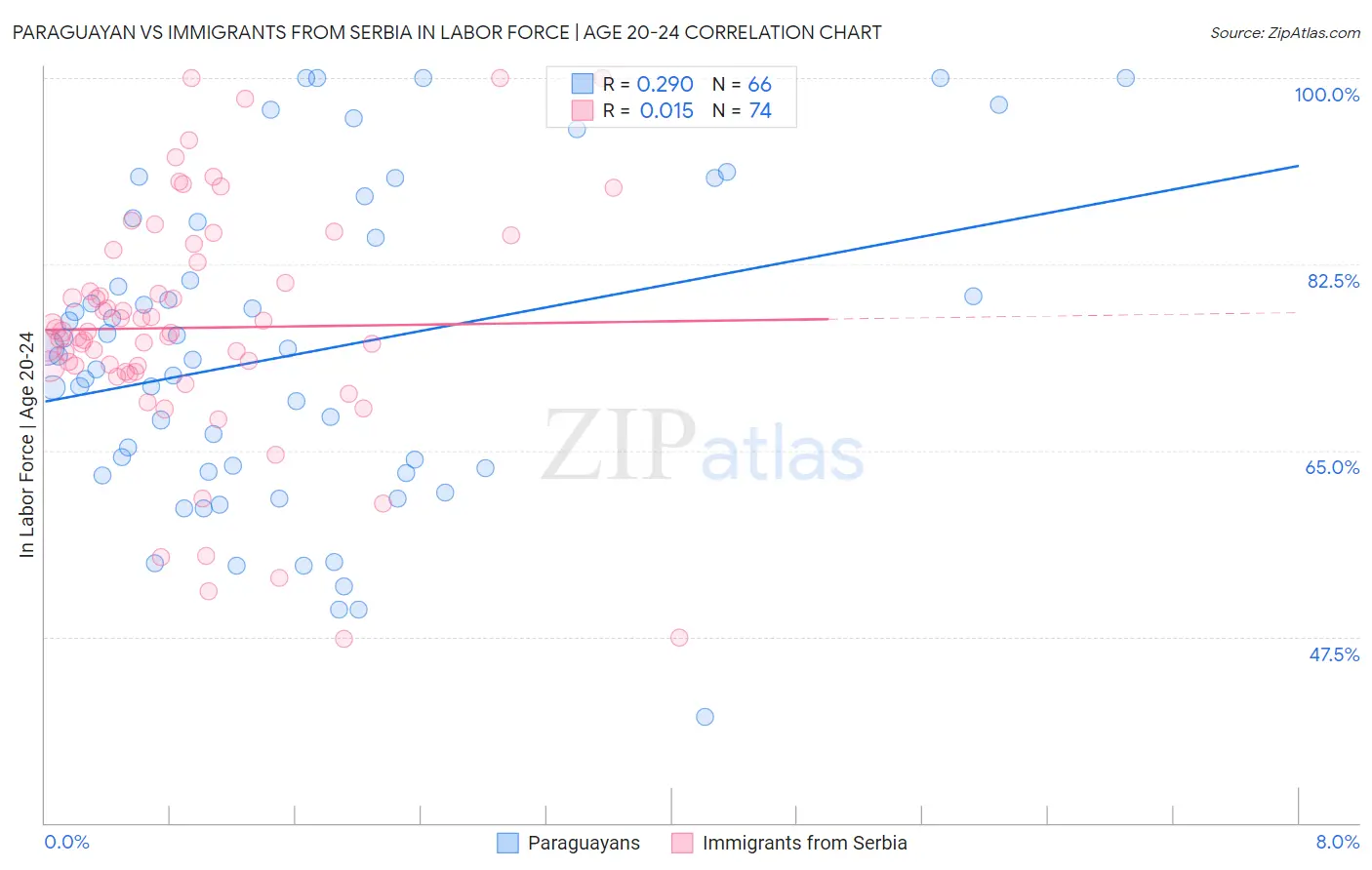 Paraguayan vs Immigrants from Serbia In Labor Force | Age 20-24